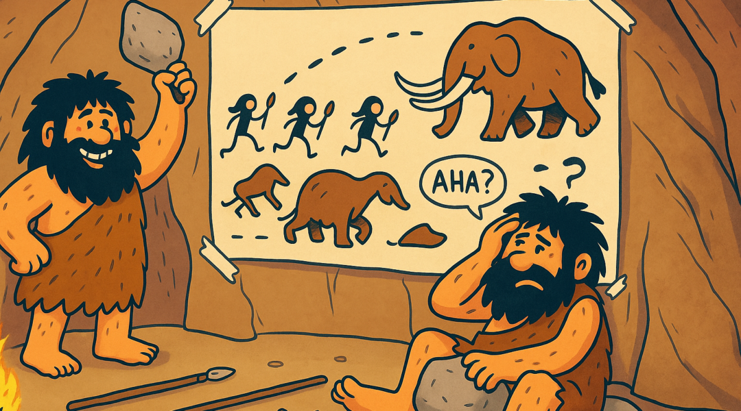 Cartoon of two cavemen using a cave drawing to plan a mammoth hunt, illustrating early visual storytelling
