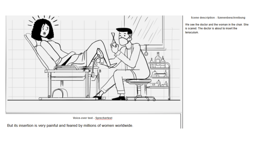 Storyboard in science animation showing a doctor preparing a tenaculum and a scared patient during a gynecological exam.