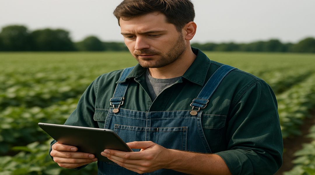 Young male farmer in overalls using a tablet in a green crop field, representing AG tech video use in agriculture.