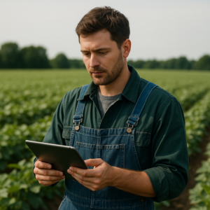 Young male farmer in overalls using a tablet in a green crop field, representing AG tech video use in agriculture.