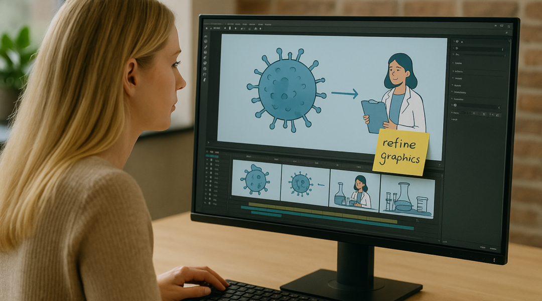 Blonde woman reviewing science animation storyboard with yellow sticky notes on a large computer screen