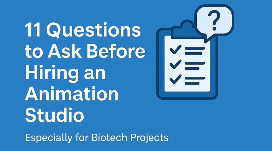 Graphic with the title '11 Questions to Ask Before Hiring an Animation Studio' and an icon of a checklist with a question mark.