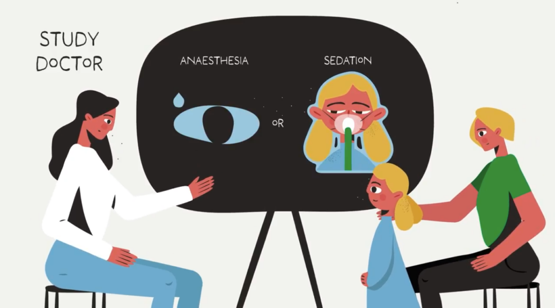 Illustration of a study doctor explaining the difference between anesthesia and sedation to a child and parent during a clinical trial discussion.