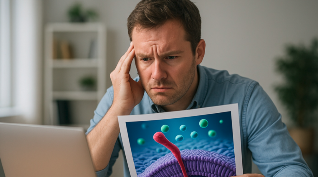 Confused man holding a printed 3D mode of action illustration while looking at a laptop in a modern office.