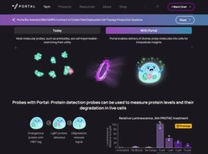 Portal Bio website screenshot showing animated intracellular probes, HiBiT protein detection workflow, and luminescence graph from PROTAC treatment assay.