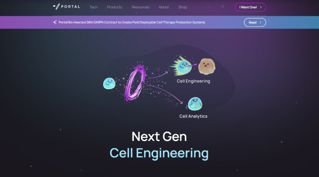 Portal Bio website screenshot showing animated intracellular probes, HiBiT protein detection workflow, and luminescence graph from PROTAC treatment assay.