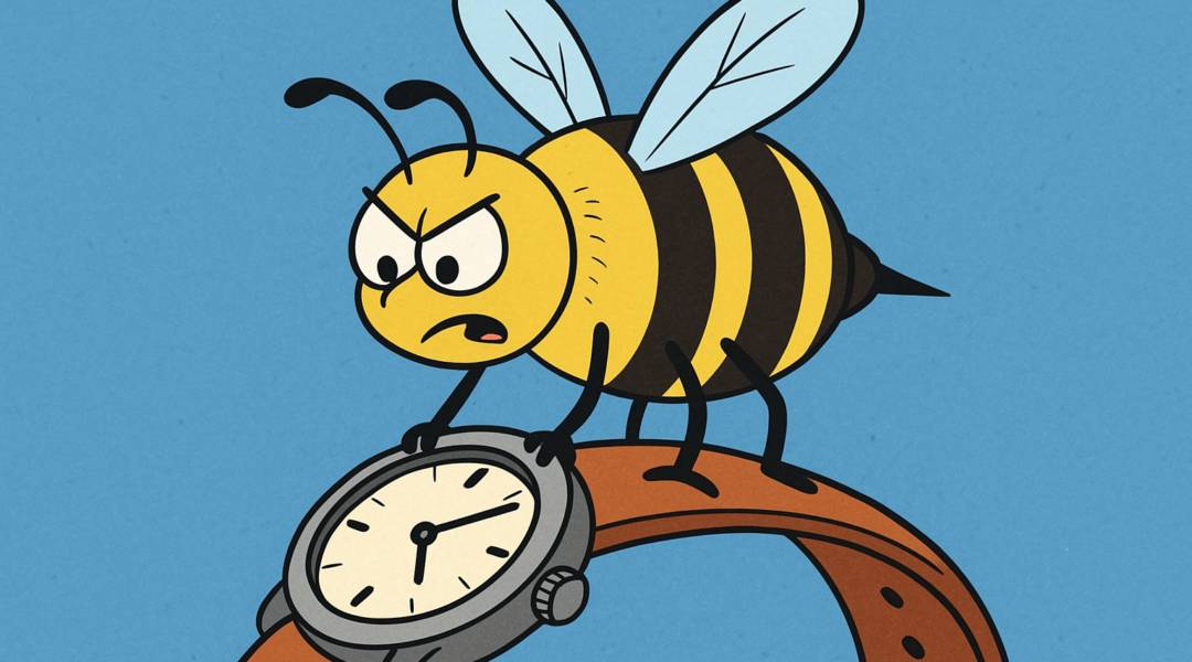Cartoon bee on a watch band preparing to sting.