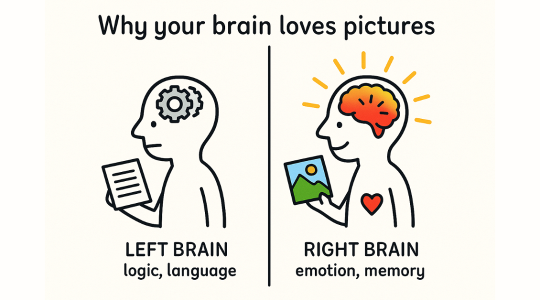Simple illustration comparing left and right brain functions. The left brain focuses on logic and language, while the right brain connects with emotion and memory, showing why visuals are powerful in communication.