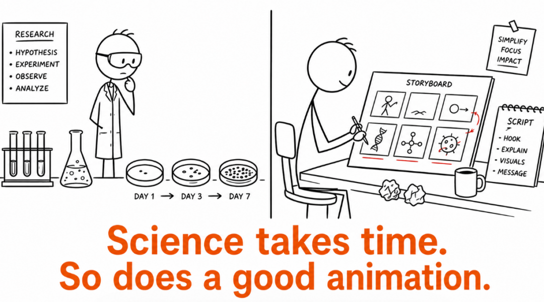 Split illustration showing a scientist observing a lab experiment and an animator creating a storyboard, highlighting that both science and animation require time.